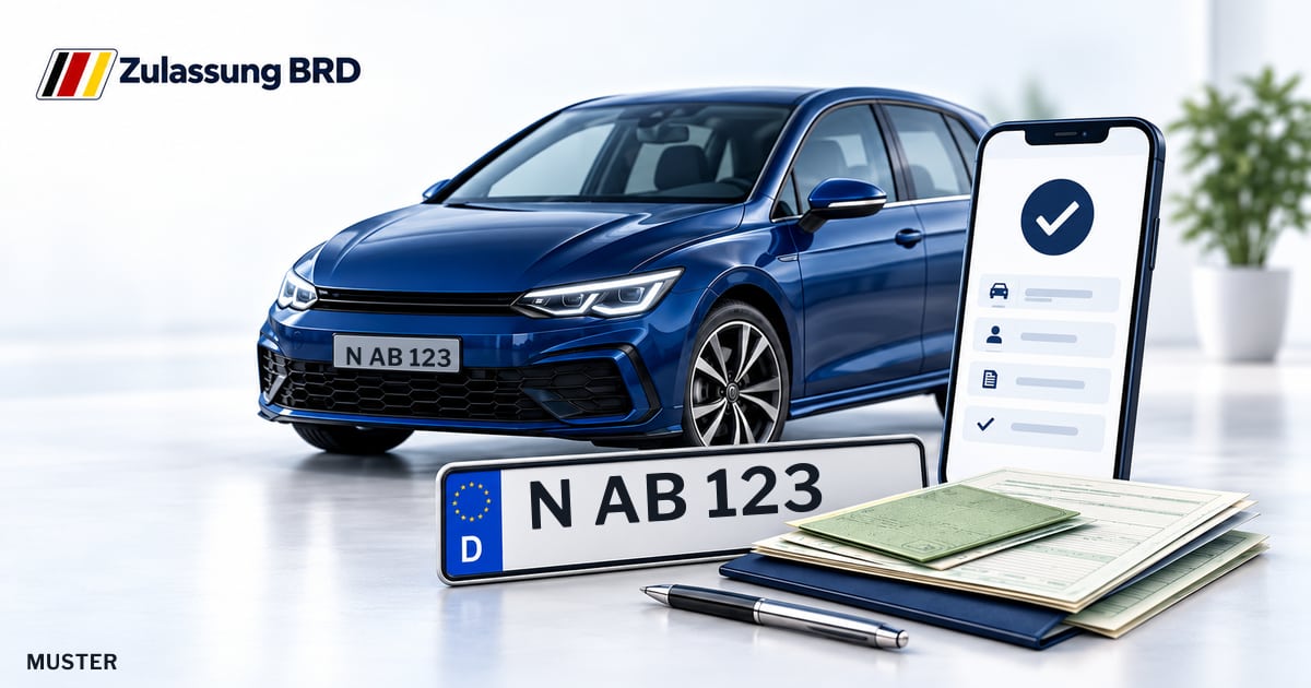 Online Fahrzeugzulassung in Röthenbach a.d.Pegnitz: Musterkennzeichen N AB 123, Auto und Fahrzeugpapiere und Smartphone. Illustration mit Logo von Zulassung BRD.